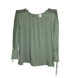 Terra & Sky Womens 1X Olive Green Lace Sleeve Blouse Top Plus 16/18W